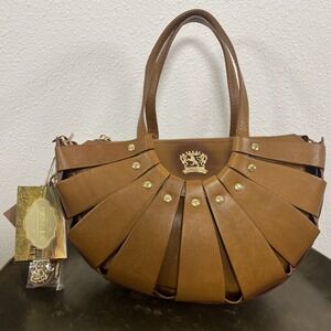 Pratesi Firenze Purse Cognac Italian Leather Fan Crossbody Satchel +Dust Bag New